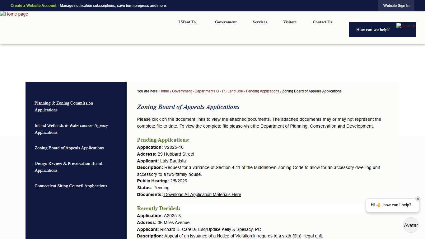 Zoning Board of Appeals Applications Middletown, CT